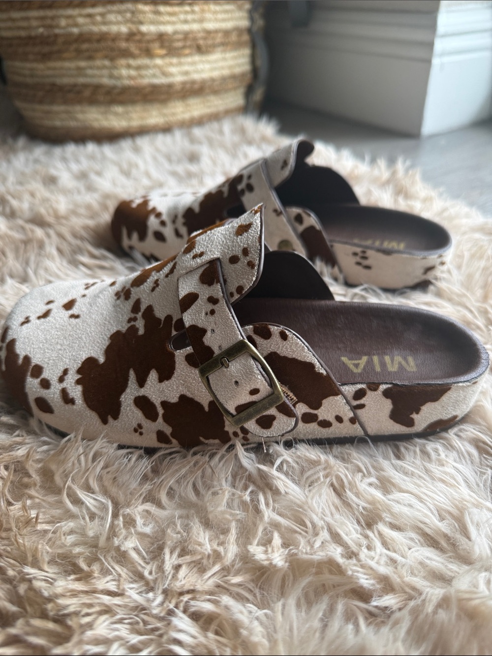 MIA Brown & White Cow-Print Buckle Clogs